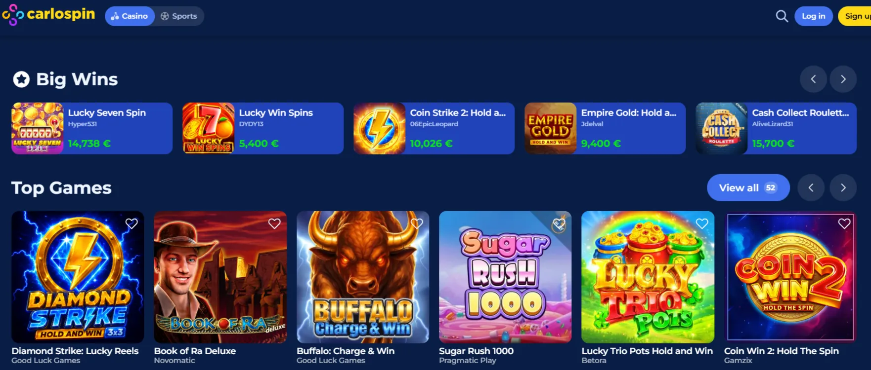weergave van de officiële Carlospin-homepage en game lobby