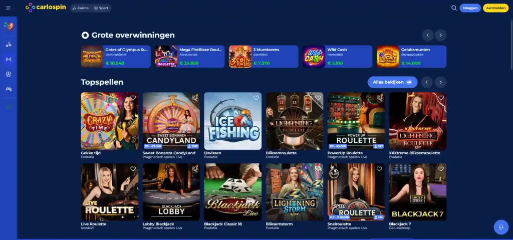 Actuele Carlospin live casino lobby met live dealer-spellen