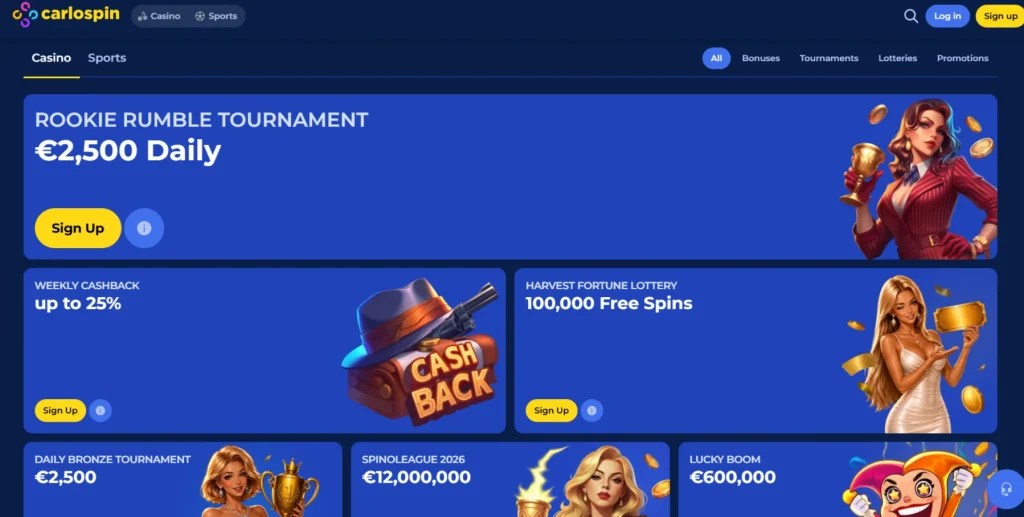Actuele Carlospin promotions-pagina met het welkomstpakket