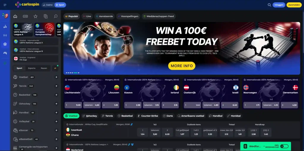 Actuele Carlospin sportsbook-interface met sport- en esportsnavigatie