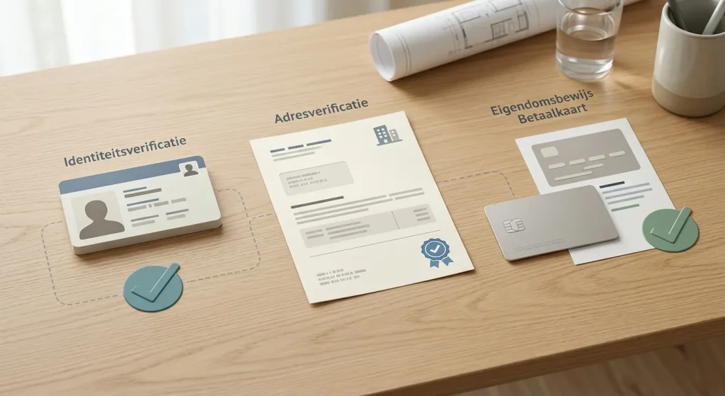 Illustratie van identiteitsbewijs, adresbewijs en betaalmethode voor KYC