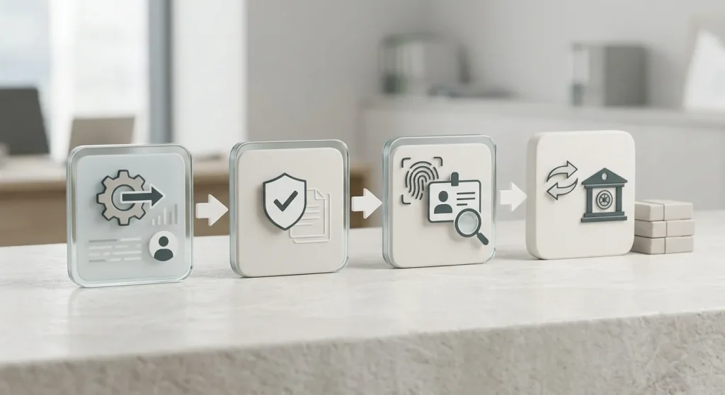 Illustratief stroomschema van Carlospin opname, KYC en betaaloverdracht